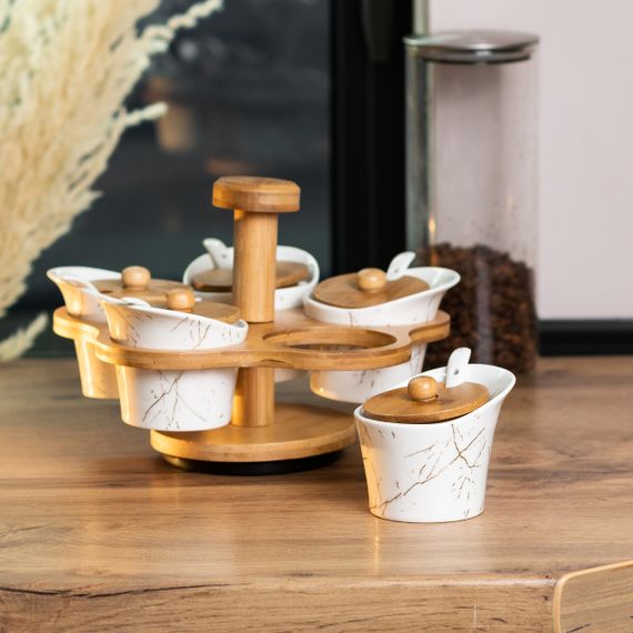 Набір для сипучих продуктів 5 банок по 120 на бамбуковій підставці білий HP1225 | Зображення 1