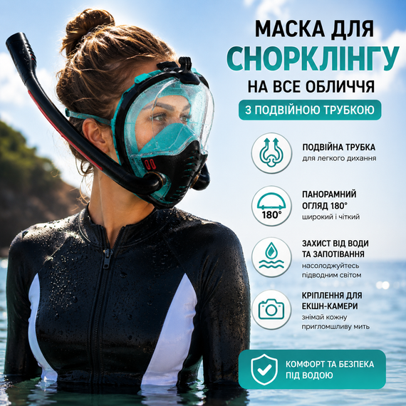 Маска для снорклинга и плавания на все лицо RACE Dual-Air 180° с двойной трубкой и креплением для экшн-камеры, Черно-бирюзо | Зображення 5