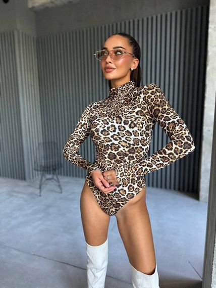 Женское боди леопардовое с длинным рукавом JM0109 размер 46/48