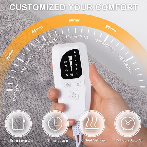 Електрогрілка NALONE для шиї, плечей і спини, велика, 25"x39", 63x100 см, 6 рівнів нагріву, автоматичне вимкнення, сіра | Зображення 5