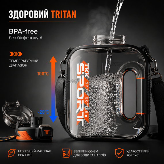 Спортивная бутылка TKK SPORT (1600 мл) - Ударопрочный Tritan, Черная прозрачная с ремешком | Зображення 4