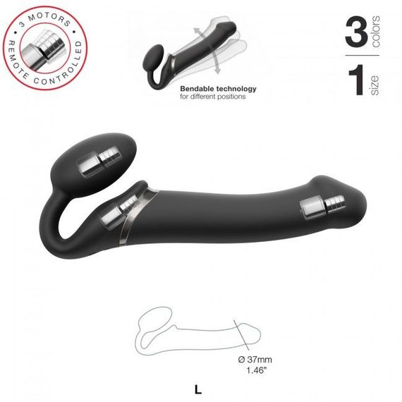 Безремінний страпон з вібрацією Strap-On-Me Vibrating Black L, діаметр 3,7см, пульт ДК, регульований | Зображення 1