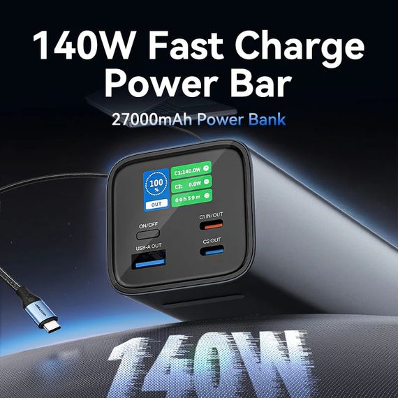УМБ Vention 27000mAh 140W 5A PD,QC3.0, 2xUSB-C, USB-A, LED Display, Gray | Зображення 1
