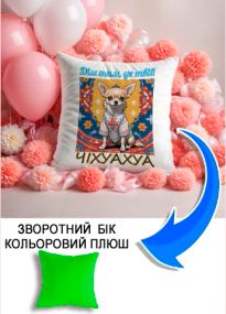 Подушка плюшева Мерч Крафт Дизайн з принтом дім де чіхуахуа 01 салатовий плюш квадратна 33х33 см