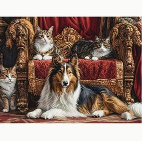 Набір для вишивання JOZYSH «Королівський затишок: Коллі та коти» 14CT, 30x40 см, канва Аїду з нанесеним малюнком