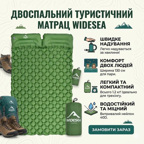 Надувний туристичний матрац-килимок NMN-207 з подушкою і чохлом, 190×120×5 см, водонепроникний, зелений