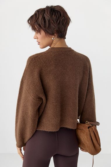 В'язана жіноча укорочена кофта - коричневий цвет, ONE SIZE (є розміри) | Зображення 1