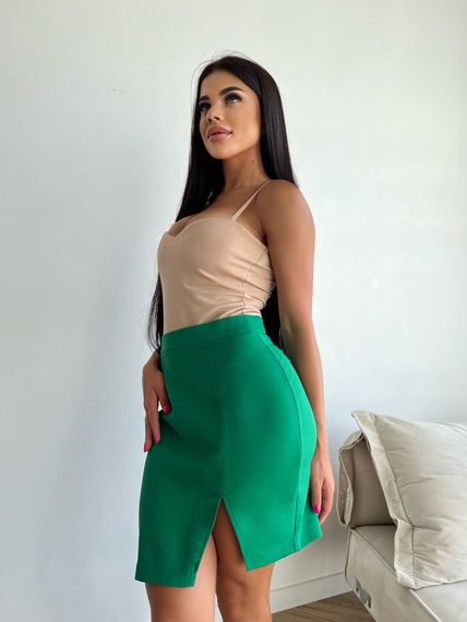 Женская короткая юбка с разрезом из костюмки NA982  размер 42/44, цвет зеленый | Зображення 1