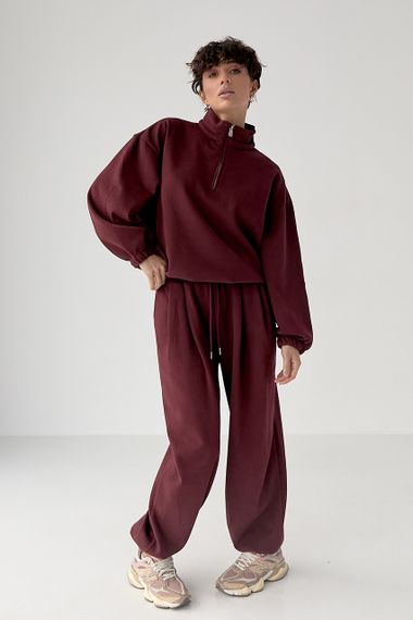 Зимовий однотонний спортивний костюм із затяжками - бордо цвет, M (є розміри) | Зображення 4