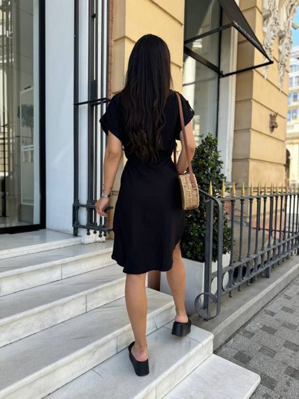 Женское летнее платье-рубашка с короткими рукавами на пуговицах турецкий лен-жатка adl773 цвет черный, размер 42/44 | Зображення 3