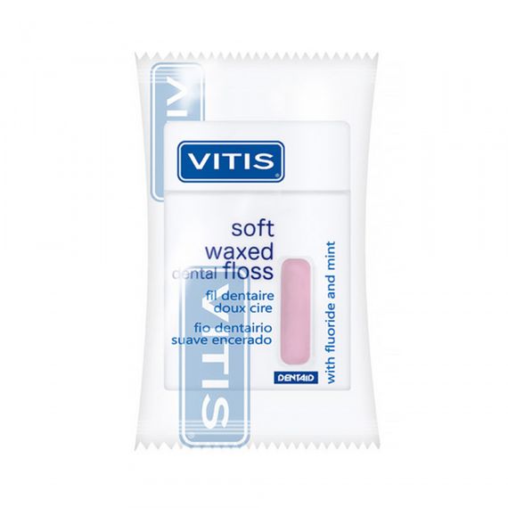 Зубна нитка VITIS, м'яка, з фтором, м'ятний смак, для ортопед. конструкцій, рожева, блістер, 50 м (DENTAID)