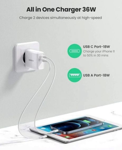 Адаптер питания для телефона Ugreen CD170 White USB+USB Type-C Wall Charger 36W 3A | Зображення 5