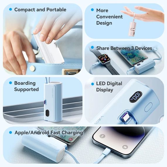 УМБ Vention 4800mAh 22,5W PD, USB-C In/Out, LED display, with built-in USB-C cable White | Зображення 4