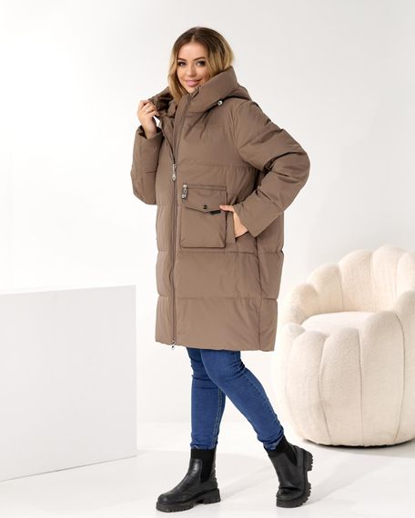 Стильний оливковий пуховик на зиму з кишенею для мобільного в великих розмірах