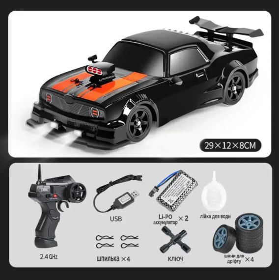 Машинка на радіоуправлінні Dodge Challenger 1:16, чорна – для дрифту та перегонів, 4WD, до 18 км/год | Зображення 1