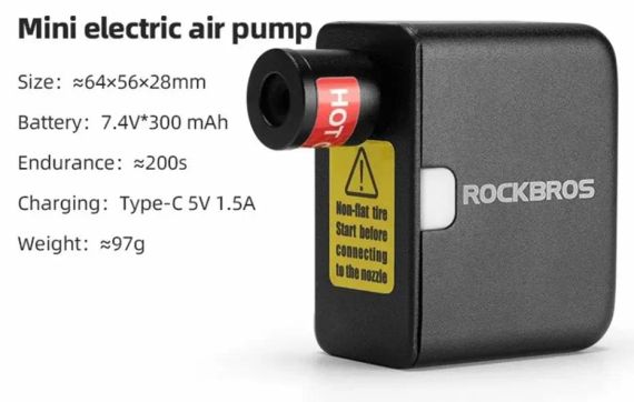 Портативний електричний насос ROCKBROS AS1 Mini з високим тиском, з наконечником для вентиля FV/AV, для дорожніх та гірських велосипедів | Зображення 2