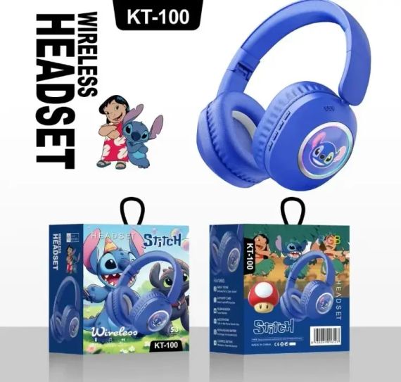 Дитячі бездротові Bluetooth-навушники Stitch KT-100 Blue з RGB-підсвіткою, вбудованим мікрофоном і слотом для карти пам'яті | Зображення 1