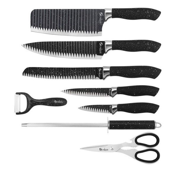 Набор ножей UNIQUE UN-1831, 9 предметов, с подставкой, нержавеющая сталь, с овощечисткой, черный | Зображення 2