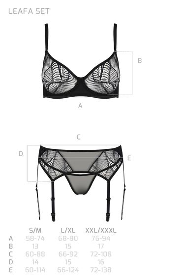 Комплект Passion LEAFA SET black, XXL/XXXL, мереживо+сітка, бюстгальтер на кісточках, стрінги, пояс для панчіх | Зображення 4