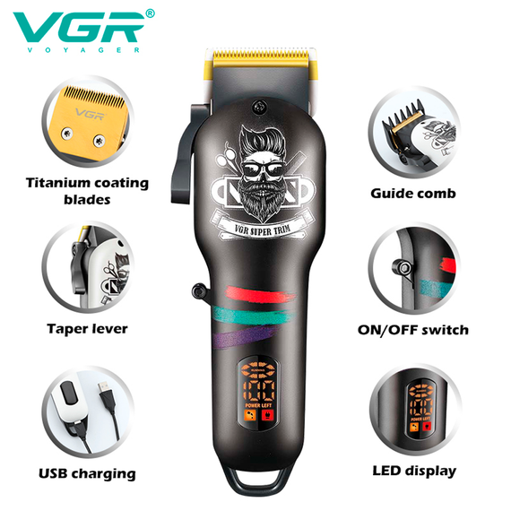 Акумуляторна машинка для стрижки VGR V-699 , 4 насадки, LED дисплей, чорна | Зображення 4
