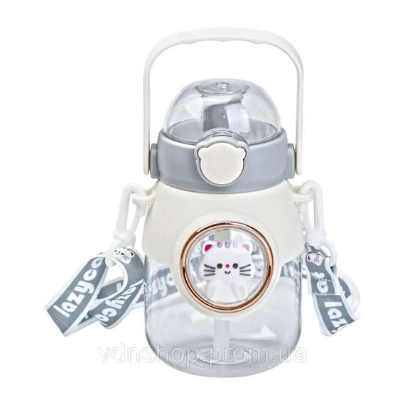 Пляшка для води з трубочкою 820 мл дитяча з ручкою та ремінцем Сірий HPGM2217G