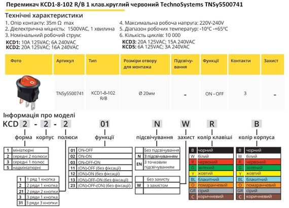 Перемикач KCD1-8-102 R/B 1 клавіша червоний круглий Ny95500741 | Зображення 1