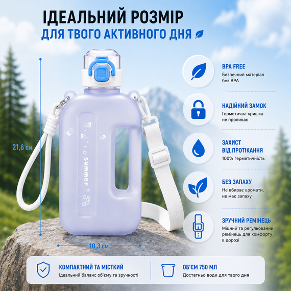 Эко-бутылка для воды 750 мл белая матовая, BPA-free с ремешком и мерной шкалой | Зображення 4