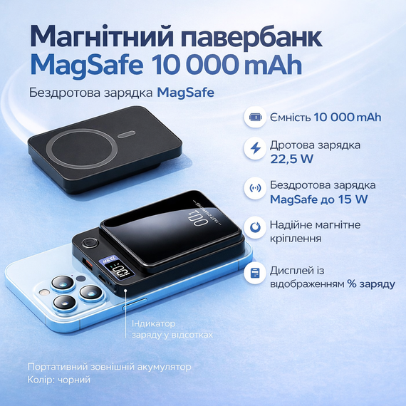 Магнітний бездротовий повербанк 10000 mAh MagSafe 22.5 W /15 W, портативний павербанк 1,9 см, Чорний