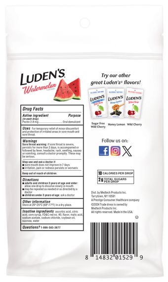 Заспокійливі льодяники з пектином Luden’s, для горла та порожнини рота, смак - кавун, 25 шт. | Зображення 1