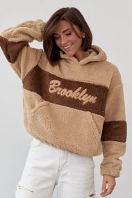 Женское худи из экомеха с надписью Brooklyn - светло-коричневый цвет, S (есть размеры)