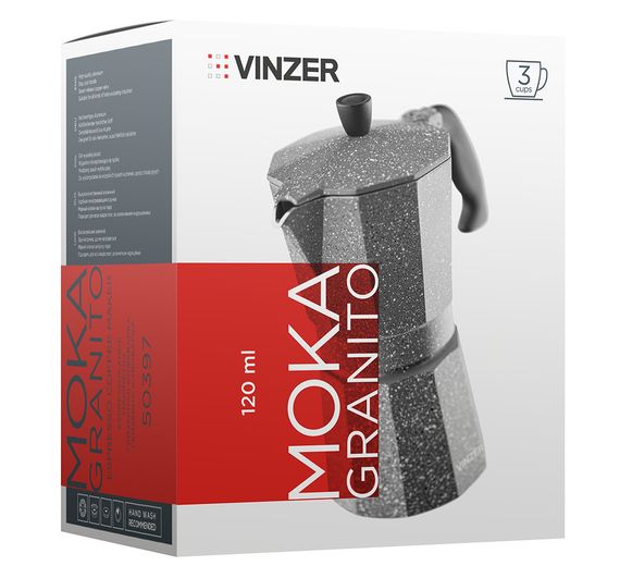 Кофеварка гейзерная алюминиевая Vinzer Moka Granito 50397, на 3 чашки, для дома и офиса | Зображення 2
