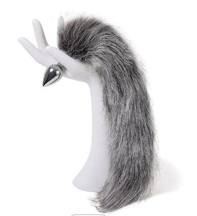 Анальна пробка з хвостом Anal plug faux fur fox tail light grey polyeste