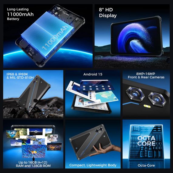 Планшет Oukitel RT3plus 8” HD / 4GB/128GB / G81 / 11000mAh / 16+8Мп / IP69K / LTE Blue | Зображення 3