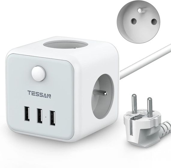 Сетевой удлинитель TESSAN USB Power Strip Cube, 3 розетки, 3 USB-порта, выключатель, 1.5 м, серый