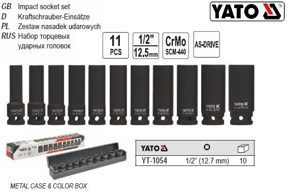 Набор головки торцевые YATO Польша ударные глубокие 1/2" 10-24 мм l=78 мм 11 штук YT-1054