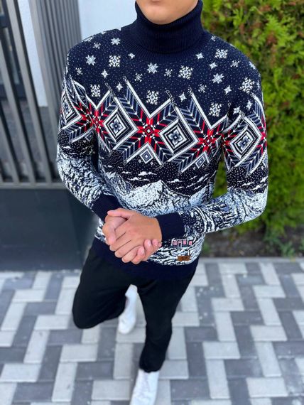 Мужской новогодний свитер с узорами PA2654 цвет синий, размер M | Зображення 1