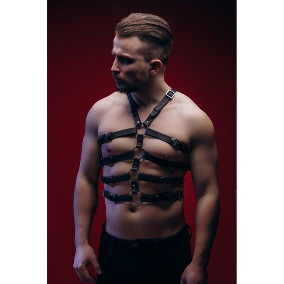 Портупея чоловіча One Size Р50 з натуральної шкіри, з чотирма ременями на торсі, чорна sexstyle