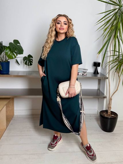 Женское платье-футболка длинное с коротким рукавом, больших и батальных размеров IS870, цвет зеленый, размер 50/52