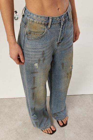 Широкі вінтажні джинси з ефектом забруднення - джинс цвет, S (є розміри)