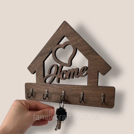 Ключниця настінна з серцем Home (Будинок) венге на 5 гачків, дерев'яна вішалка тримач для ключів у передпокій | Зображення 2
