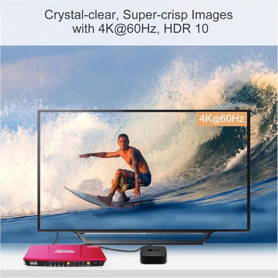 HDMI перемикач TESmart 4x1, 4K 60Hz, UHD, оптичний аудіовихід, пульт ДУ, підтримка HDR, Dolby Vision, червоний | Зображення 8