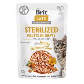 Корм Brit Care Cat Fillets in Gravy Sterilized вологий з лососем та тунцем для стерилізованих котів 85 гр