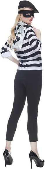 Жіночий костюм грабіжниці  46-48 L розмір комплект бандитки топ у смужку, штани маска, шапка, сумка, образ для Хелловіну карнавалу | Зображення 2