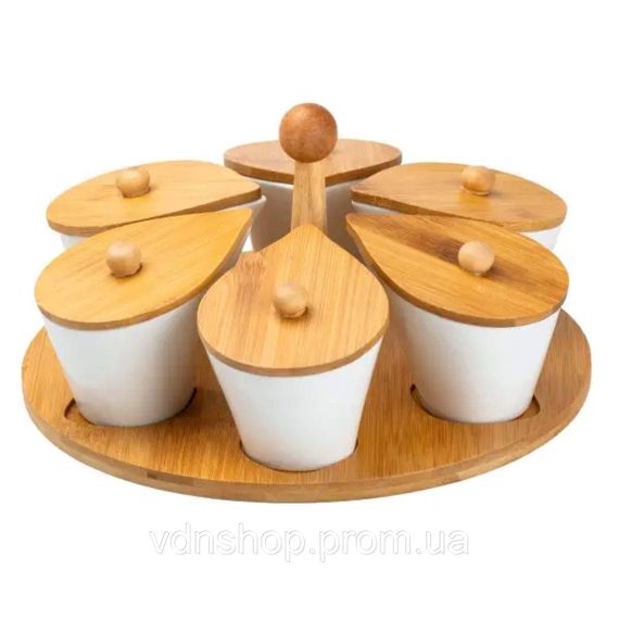Набор фарфоровых баночек для сыпучих продуктов 6 штук по 100 мл на бамбуковой подставке HP258 | Зображення 1