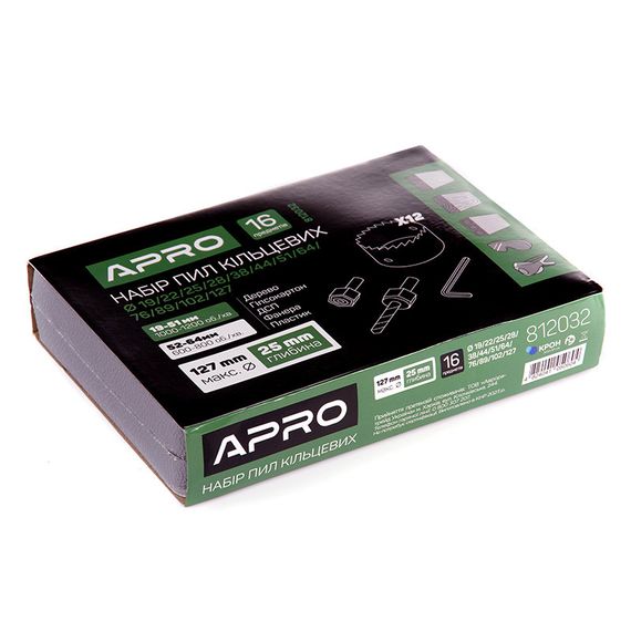 Набор кольцевых пил 16 предметов, глубина 25мм (19/22/25/28/38/44/51/64/76/89/102/127) APRO | Зображення 1