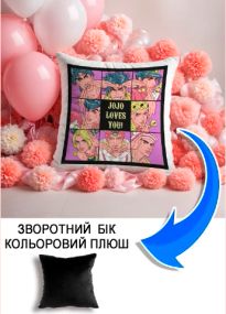 Подушка плюшева Мерч Крафт Дизайн з принтом аніме Jo Jo loves you чорний плюш квадратна 33х33 см