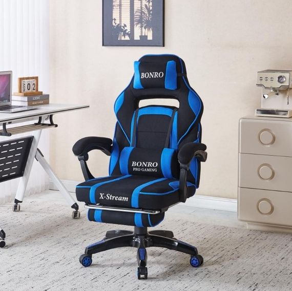 Крісло геймерське з тканини Bonro Бонро B-141 чорно-синє з підставкою для ніг (42401113) | Зображення 1