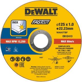 Круг отрезной DeWALT FASTCUT, нержавеющая сталь/листовой металл, 125x1x22,23 мм, 100 шт (DT20540)