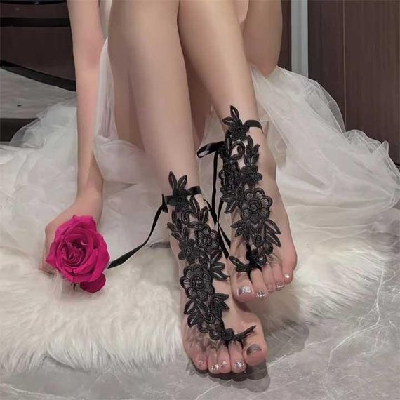 Кружевные цветочные гольфы с завязками XS/S/М/L (1,2,3,4) Черный – Эротическое бельё | Зображення 2