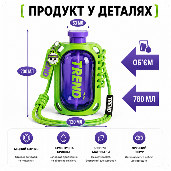Бутылка для воды TREND 780 мл зеленая с силиконовым чехлом, соломинкой и ремешком | Зображення 8